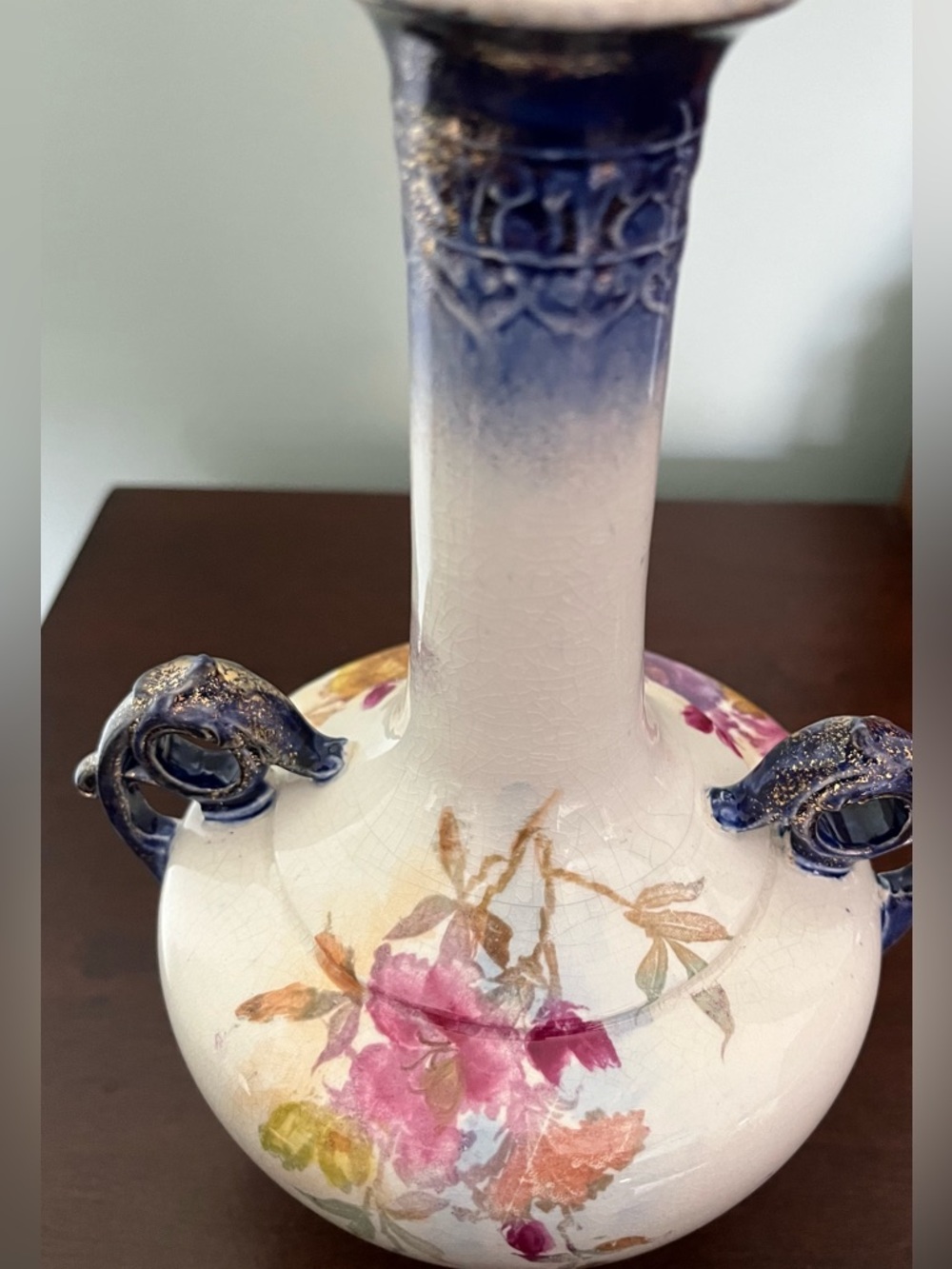 Blue-Trim Floral Porcelain Vase with Ornate Handles